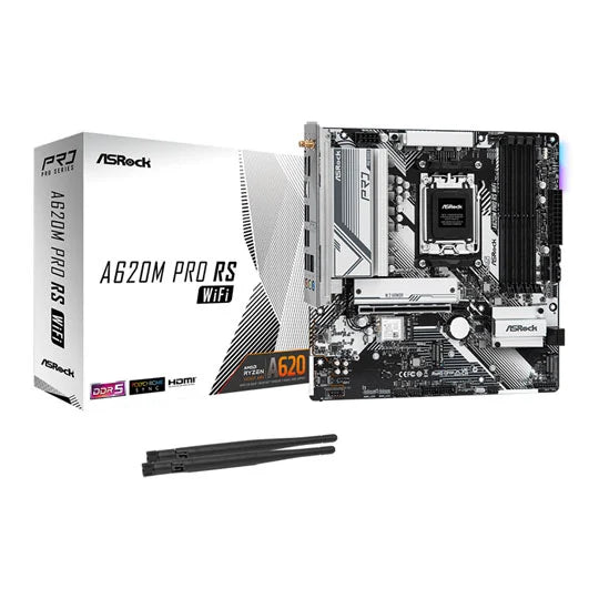 ASRock A620AM Pro RS WiFi AMD Socket AM5 Motherboard, 4 x DDR5 DIMM Slots, 1 x M.2 Socket (Key E), 2 x USB 3.2 Type-C, 2.5G LAN, 802.11axe Wi-Fi 6E Module, 1 x HDMI Port/ 1 x Display Port