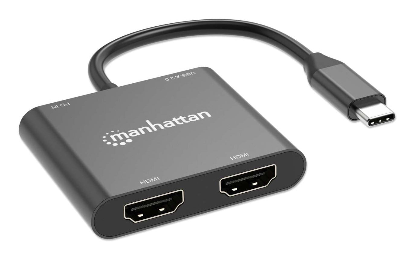 Manhattan USB-C to Dual HDMI & USB-A Adapter, Dual 4K@30Hz or Single 4K@60Hz, Power Delivery 100W, 480 Mbps (USB 2.0), Cable 15cm, Black