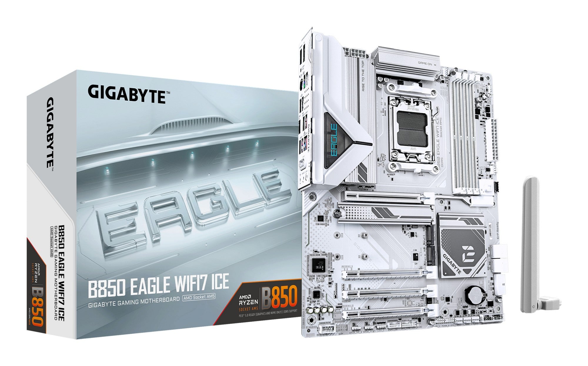 GIGABYTE B850 EAGLE WIFI7 ICE Motherboard - AMD AM5, 8+2+2 Phases Digital VRM, up to 8200MHz DDR5 (OC), 1xPCIe 5.0 + 2xPCIe 4.0 M.2, WIFI 7, 2.5 GbE LAN, USB 3.2 Gen 2