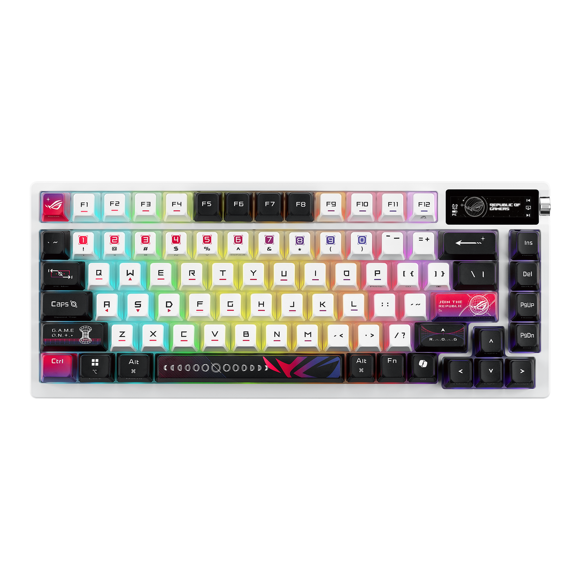 Asus ROG AZOTH X 75% Custom Mechanical RGB Gaming Keyboard, Wireless/Btooth/USB, NX Snow Switches, Dye-Sub & Translucent Keycaps, OLED Display, Control Knob, White