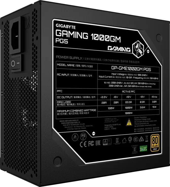 GIGABYTE GAMING 1000GM PG5 1000W fully modular power supply, black with 135mm smart fan grille
