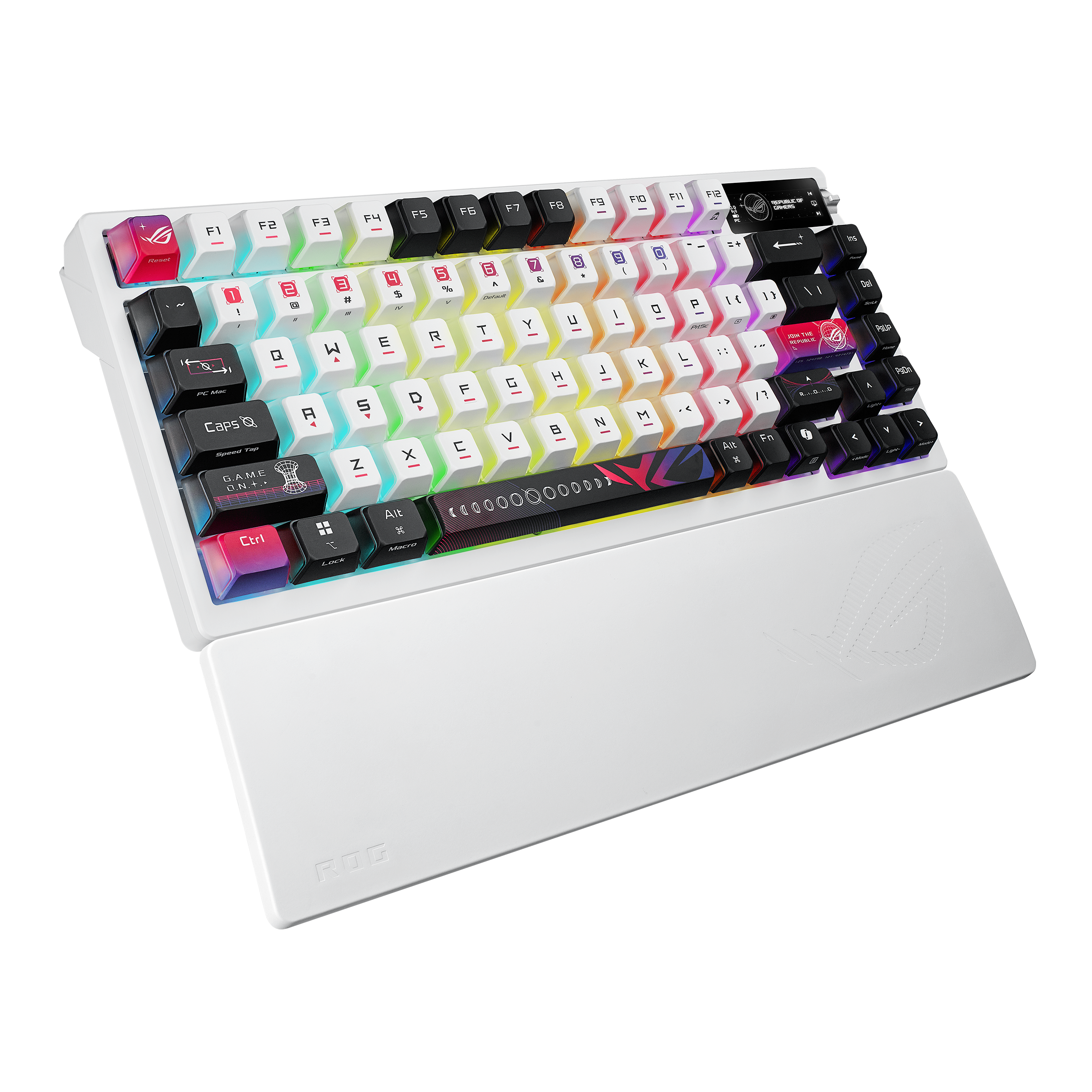 Asus ROG AZOTH X 75% Custom Mechanical RGB Gaming Keyboard, Wireless/Btooth/USB, NX Snow Switches, Dye-Sub & Translucent Keycaps, OLED Display, Control Knob, White