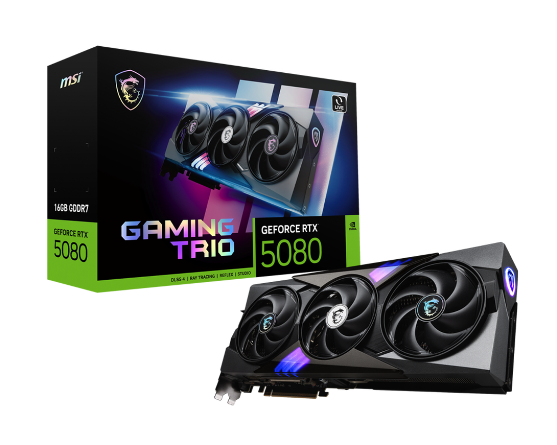 MSI GeForce RTX 5080 16G GAMING TRIO OC graphics card with triple-fan cooler and 16GB GDDR7 memory