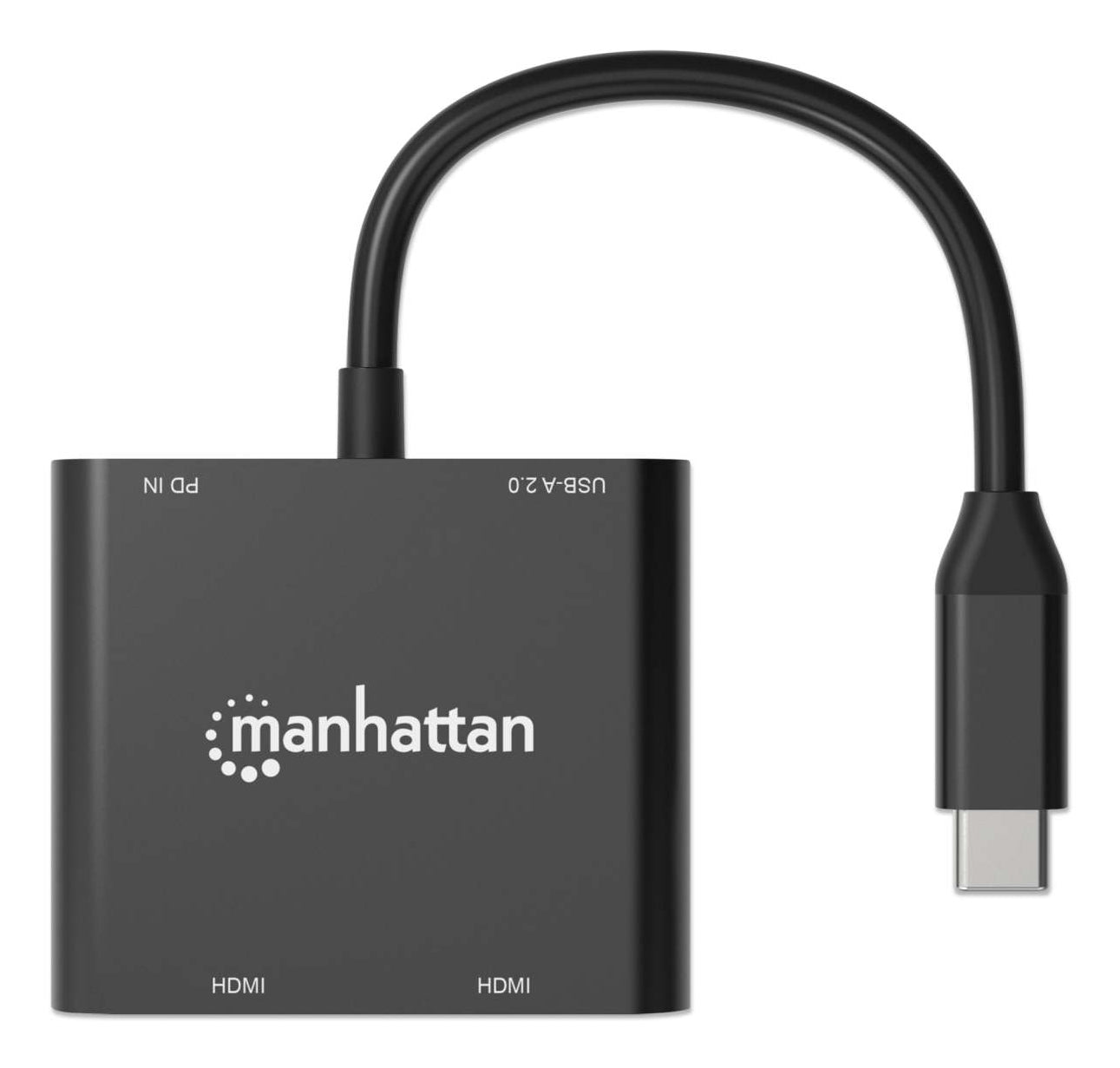 Manhattan USB-C to Dual HDMI & USB-A Adapter, Dual 4K@30Hz or Single 4K@60Hz, Power Delivery 100W, 480 Mbps (USB 2.0), Cable 15cm, Black