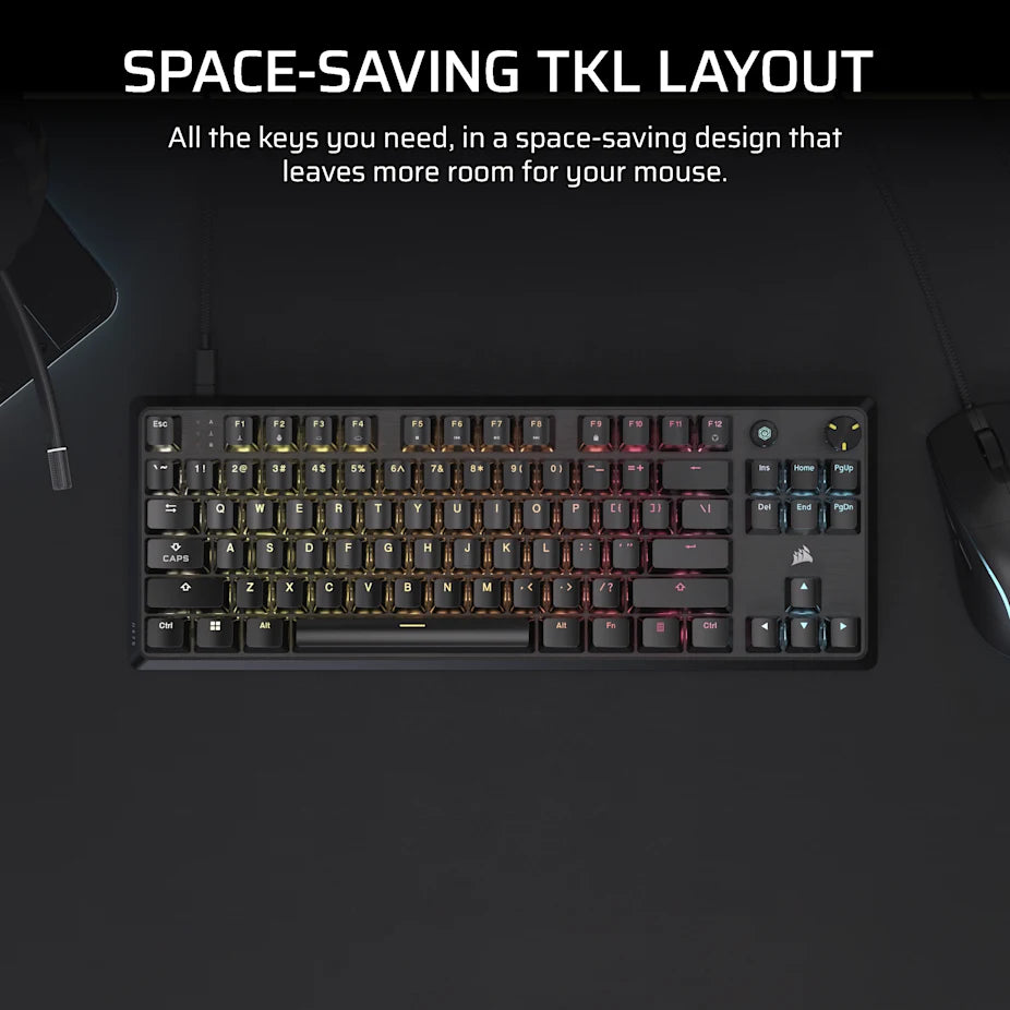 Corsair K70 CORE TKL RGB Mechanical Gaming Keyboard, USB, Red Linear Switches, Sound Dampening, Rotary Dial, Aluminium Top Plate, Black