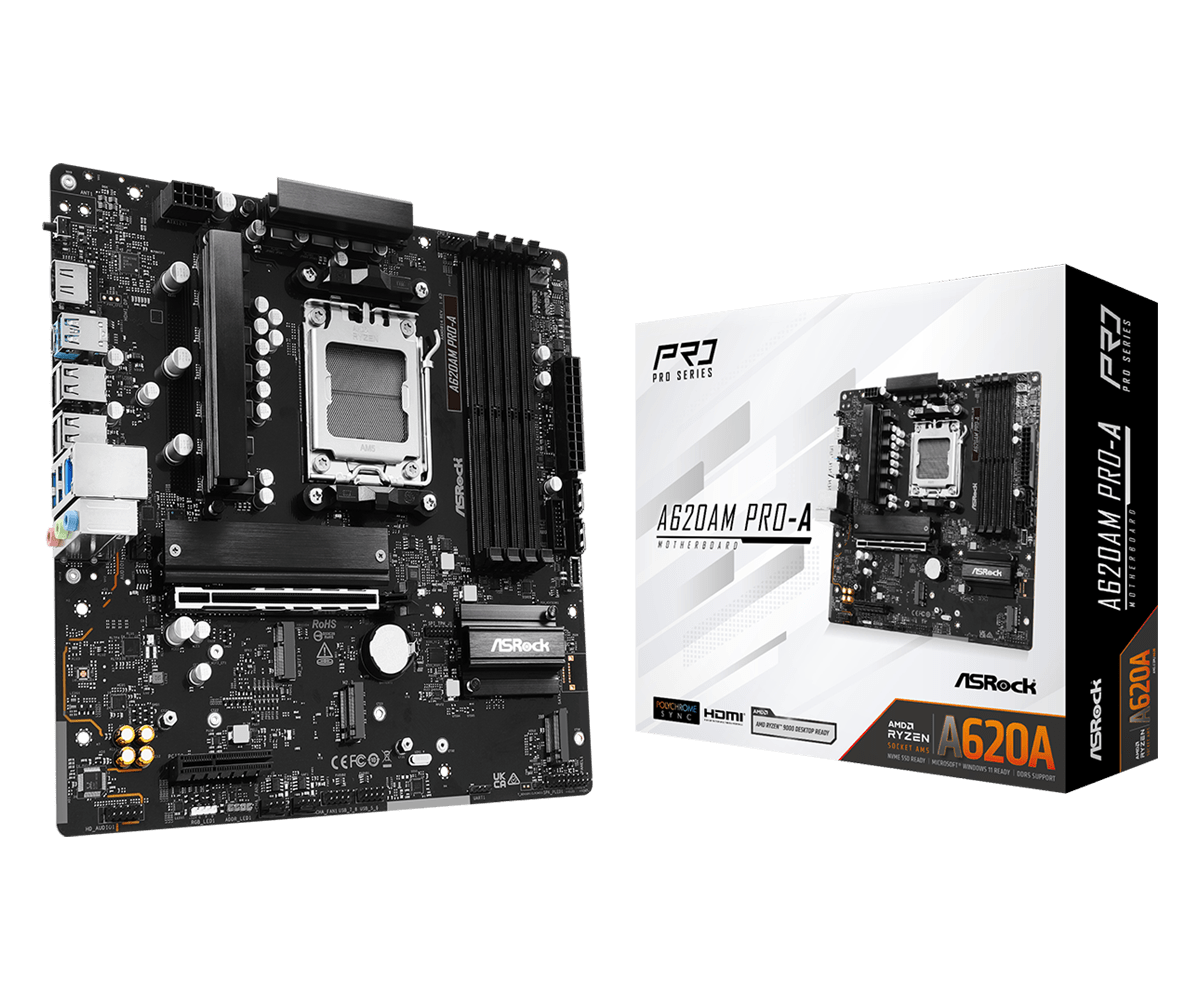 ASRock A620AM PRO-A  AMD Socket AM5 Motherboard, 4 x DDR5 DIMM Slots, 1 x M.2 Socket (Key E), 2 x USB 3.2 Type-C, 2.5G LAN, 1 x HDMI Port