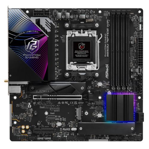 ASRock B850M Riptide WiFi PHANTOM GAMING AMD AM5 Socket Motherboard, Micro-ATX, 4x DDR5 Slots, 3x M.2 Sockets, 2x USB-C Port, Fitted I/O Shield, 2.5GbE LAN, Wi-Fi 7, 1x DisplayPort / 1x HDMI Port