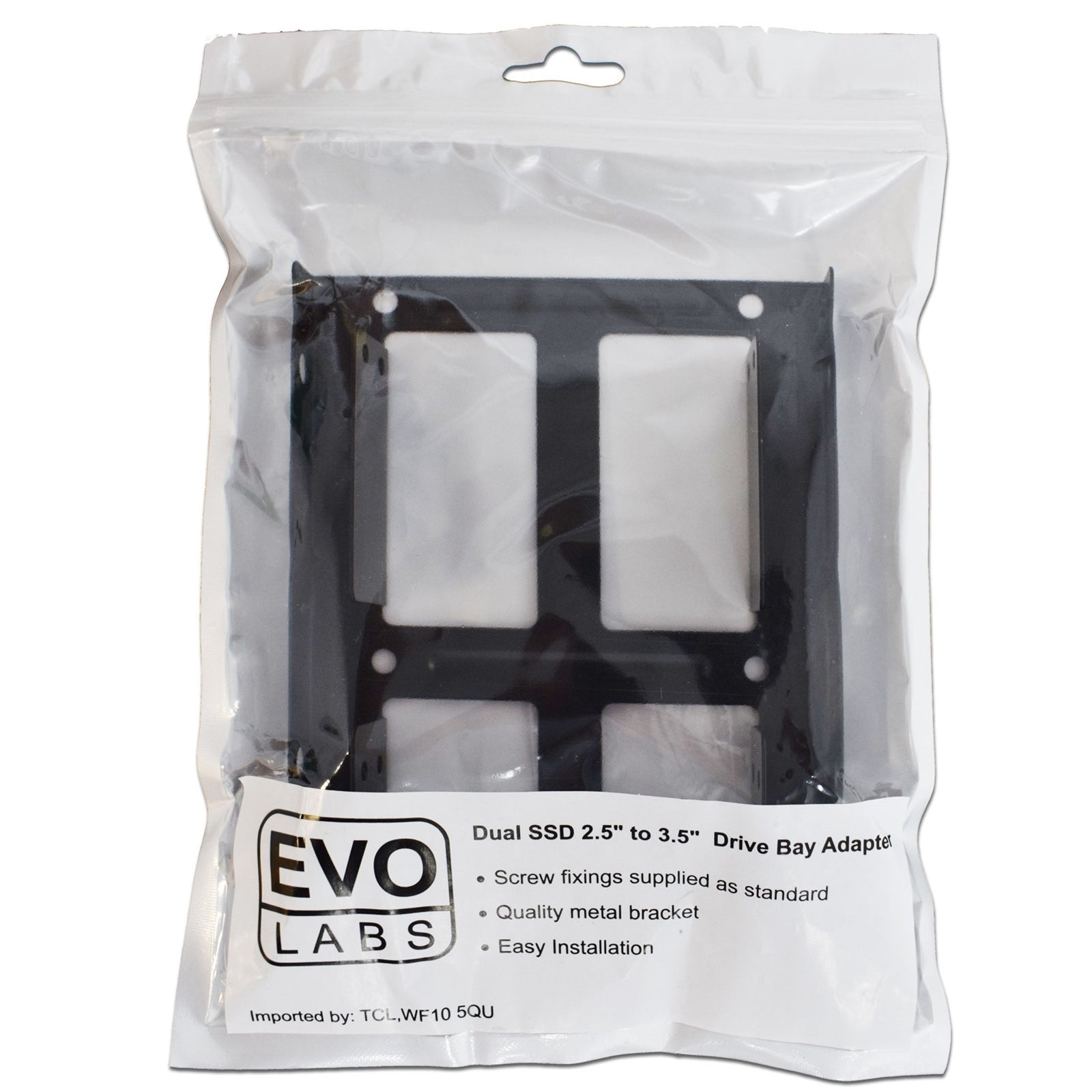 Evo Labs 2.5 to 3.5 inch double metal internal drive bay adapter for SSDs and HDDs, shown in a computer drive bay.