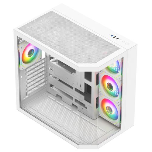 Vida Edge White ARGB Gaming Cube Case w/ Glass Side, Front & Corner, ATX, 4x ARGB PWM Fans, 6-Port Fan Hub & Remote Control, Asus BTF Compatible