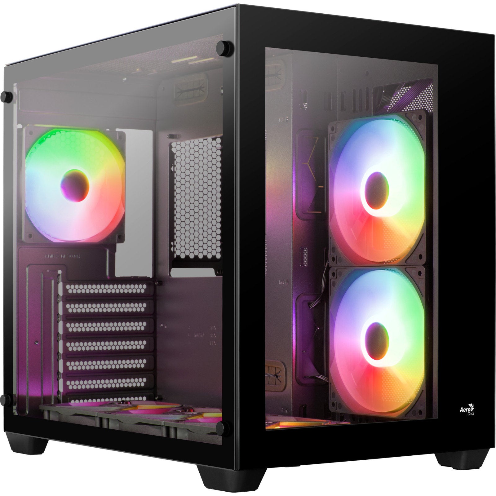 AeroCool mid tower PC case with tempered glass side panel, RGB lighting, includes 2x 140mm and 4x 120mm fans, supports ATX and Micro-ATX.
