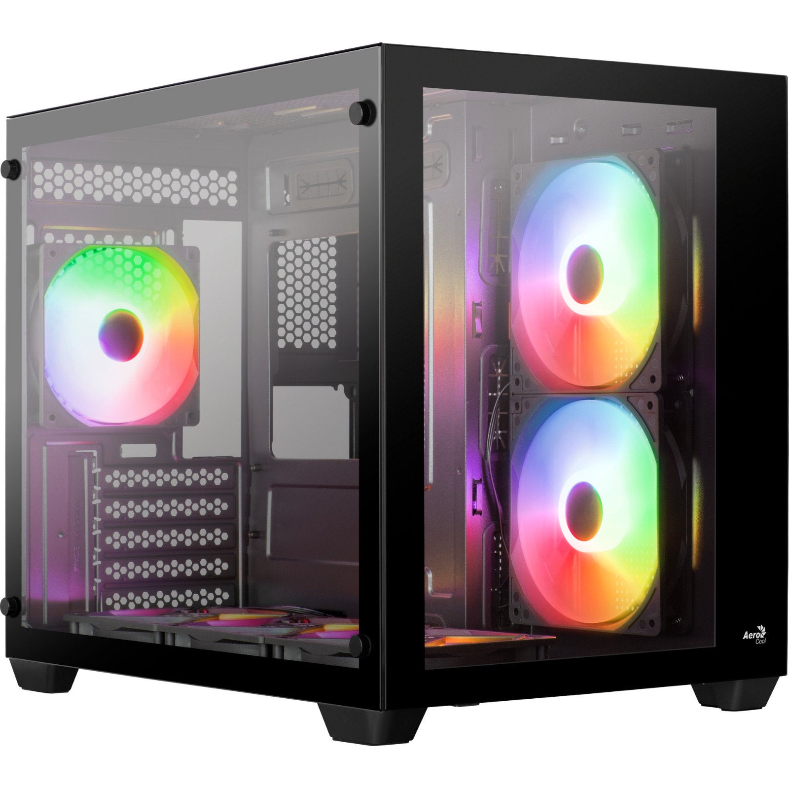 AeroCool mid-tower PC case with tempered glass window, RGB lighting, versatile fan support, and spacious GPU clearance.