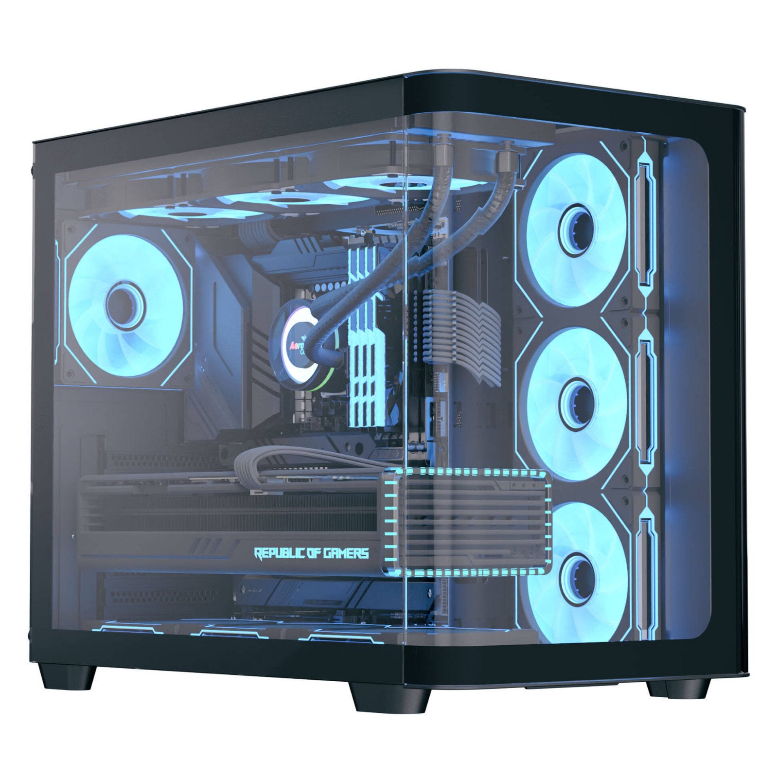 Aerocool dual-chamber PC case with curved glass panel, four ARGB fans, spacious GPU clearance, supports ATX, Micro-ATX, Mini-ITX motherboards.