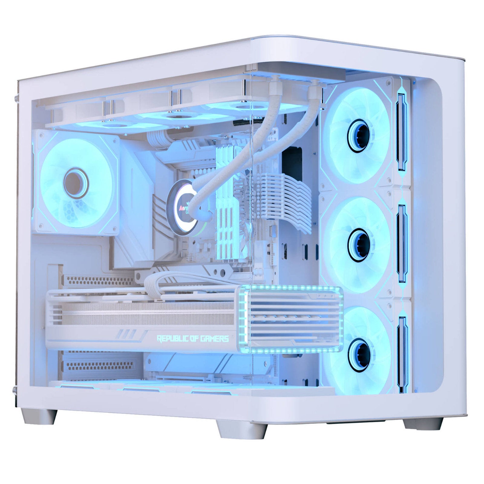 Aerocool dual-chamber PC case with curved glass panels, four ARGB fans, white finish, supports ATX motherboards and multiple drive bays
