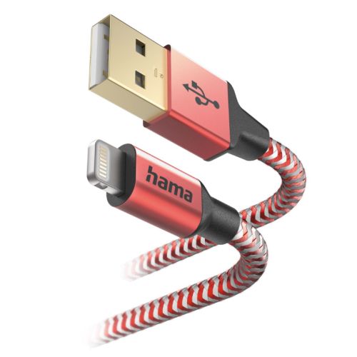 Hama Reflective Charging USB-A to Lightning Cable, 480Mbps, Nylon Sheath, Gold-Plated, 1.5 Metre, Red