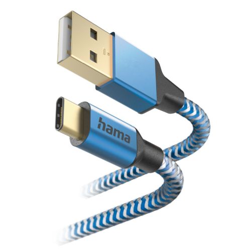 Hama Reflective USB-A to USB-C Quick Charging Cable, USB 2.0, Nylon Sheath, Gold-Plated, 1.5 Metre, Blue