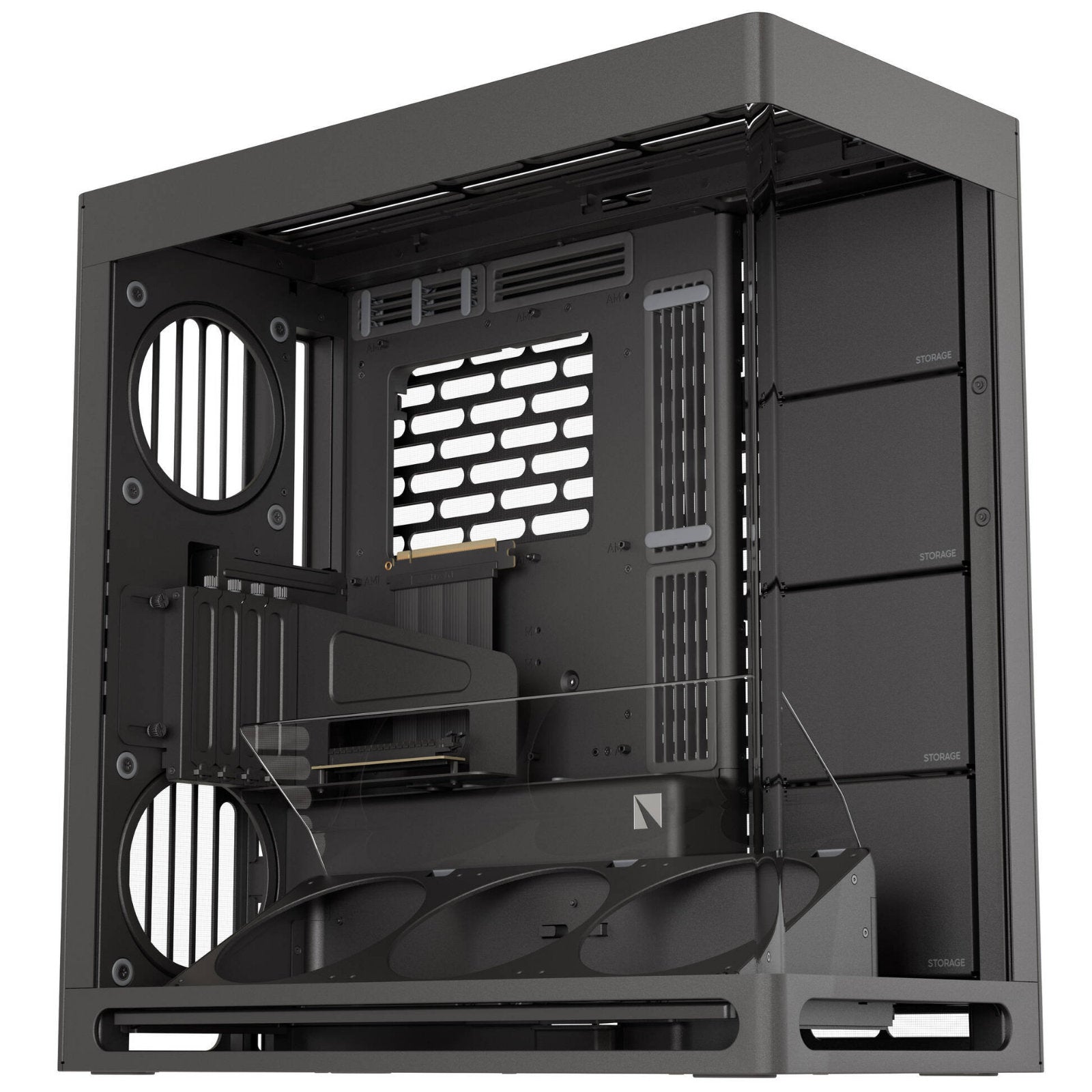 HAVN mid tower PC case with UniSheet glass, spacious interior, supports large GPUs and multiple fan configurations.