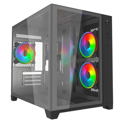 Vida Akira V2 Black ARGB Gaming Case w/ Glass Front & Side, Micro ATX, 3x ARGB PWM Fans, 6-Port ARGB Fan Hub & Remote Control