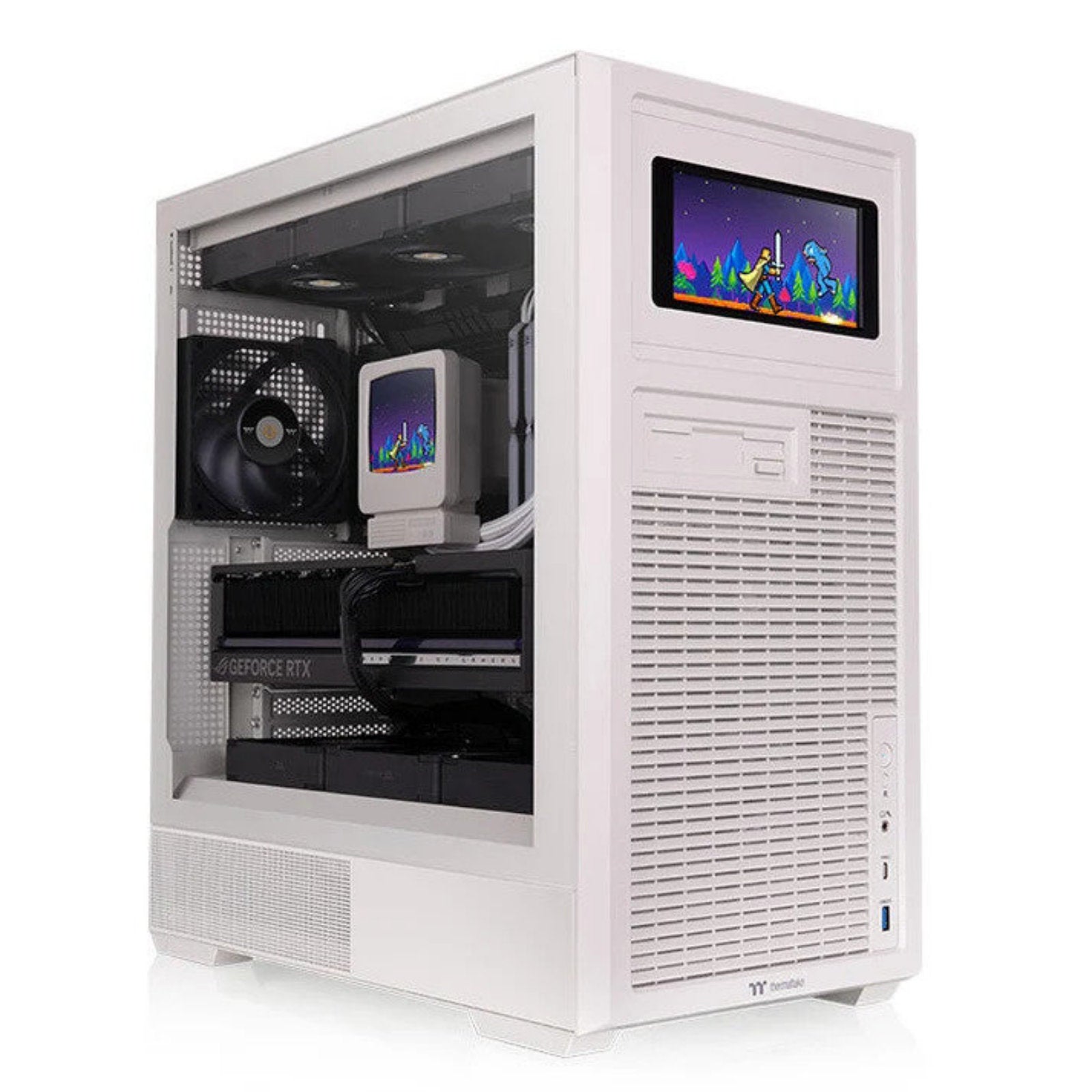 Thermaltake Retro 360 TG beige mid tower ATX PC case with retro front panel, tempered glass side, supports 360mm AIO cooling.