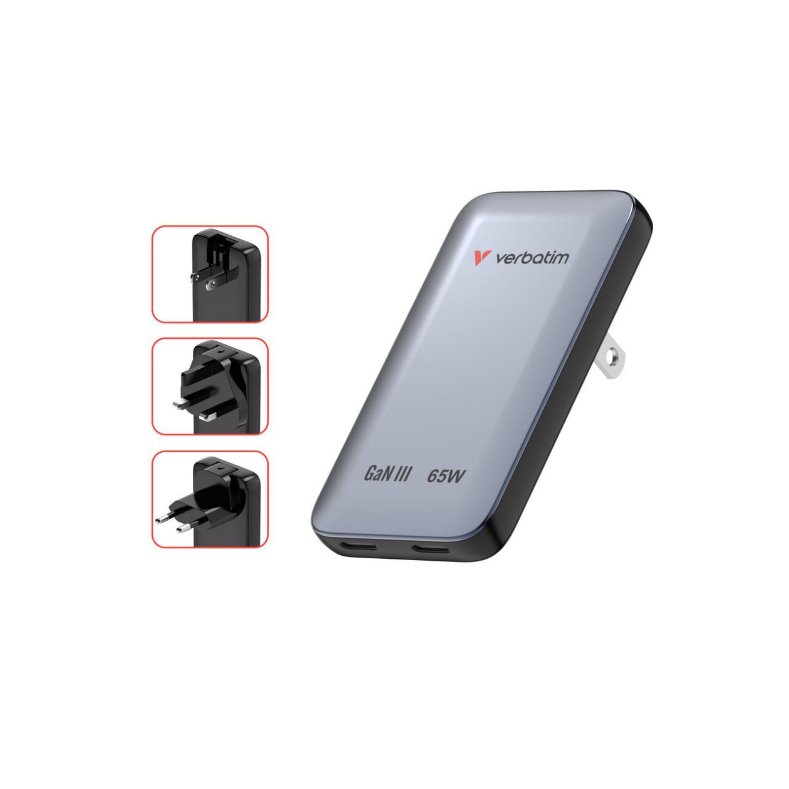 Verbatim Essentials Slim GaN Charger, 65W 2 x USB-C Ports Grey