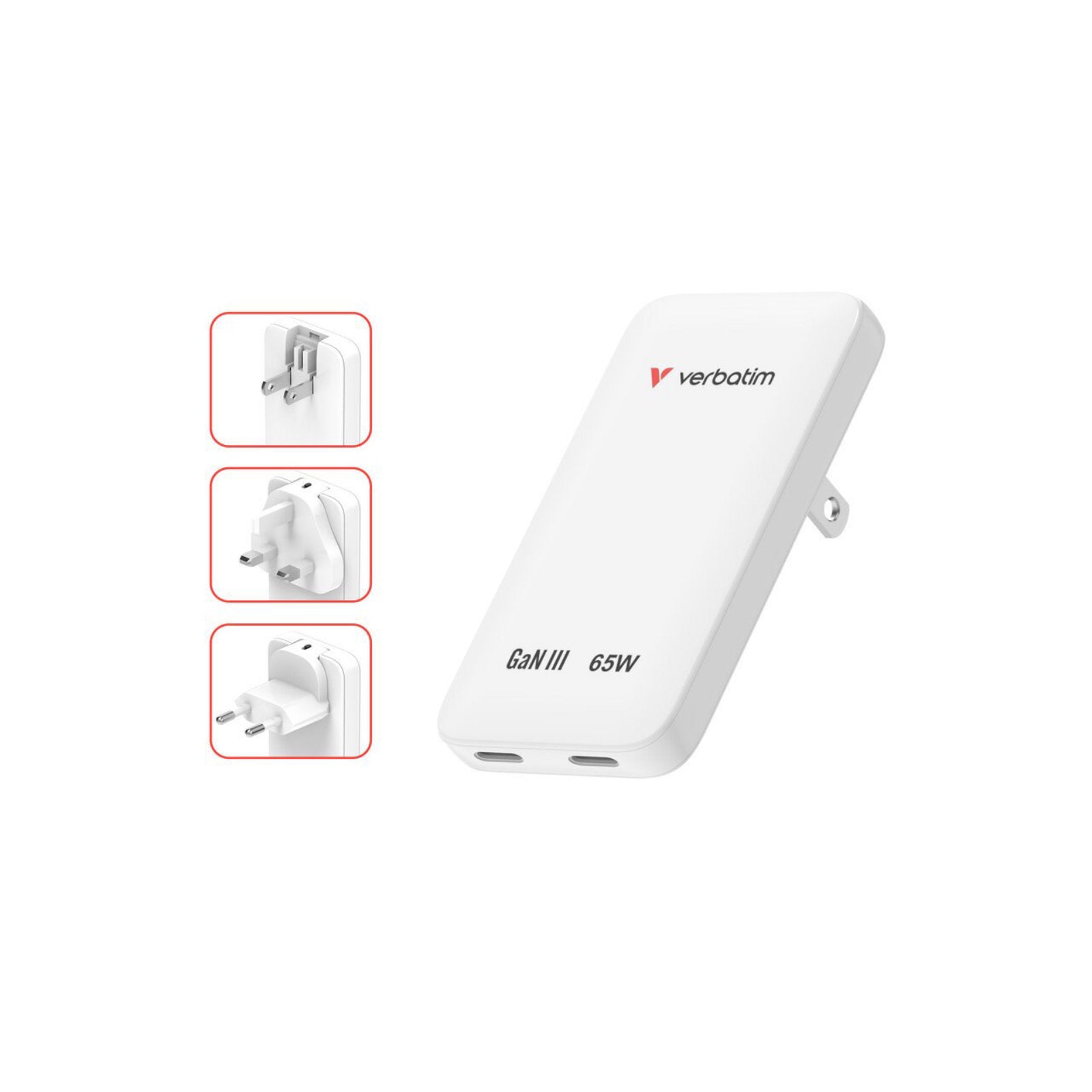 Verbatim Essentials Slim GaN Charger, 65W 2 x USB-C Ports White