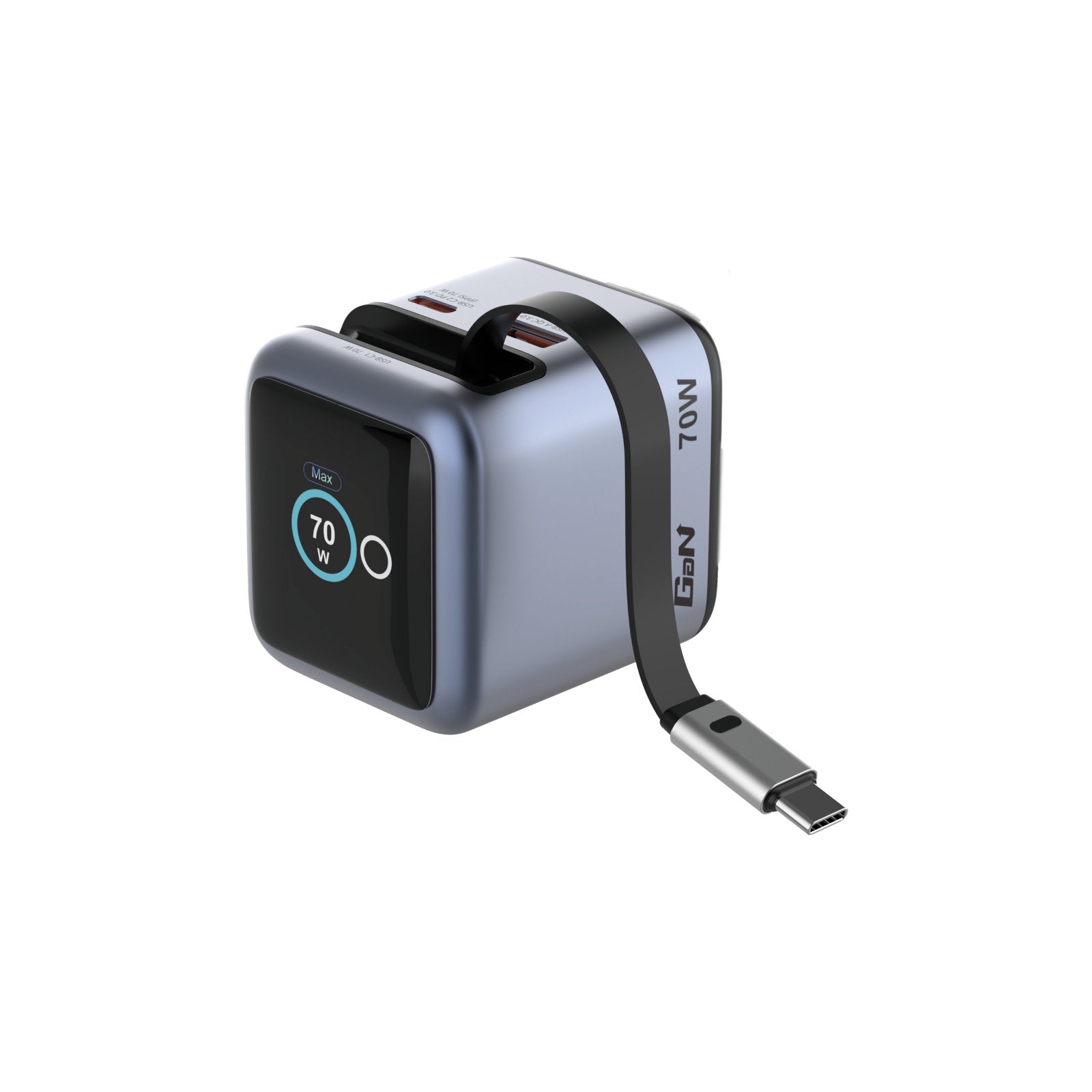 Verbatim Mini GaN Charger 70W Retractable USB-C Cable & Display, USB-C Port, USB-A Port