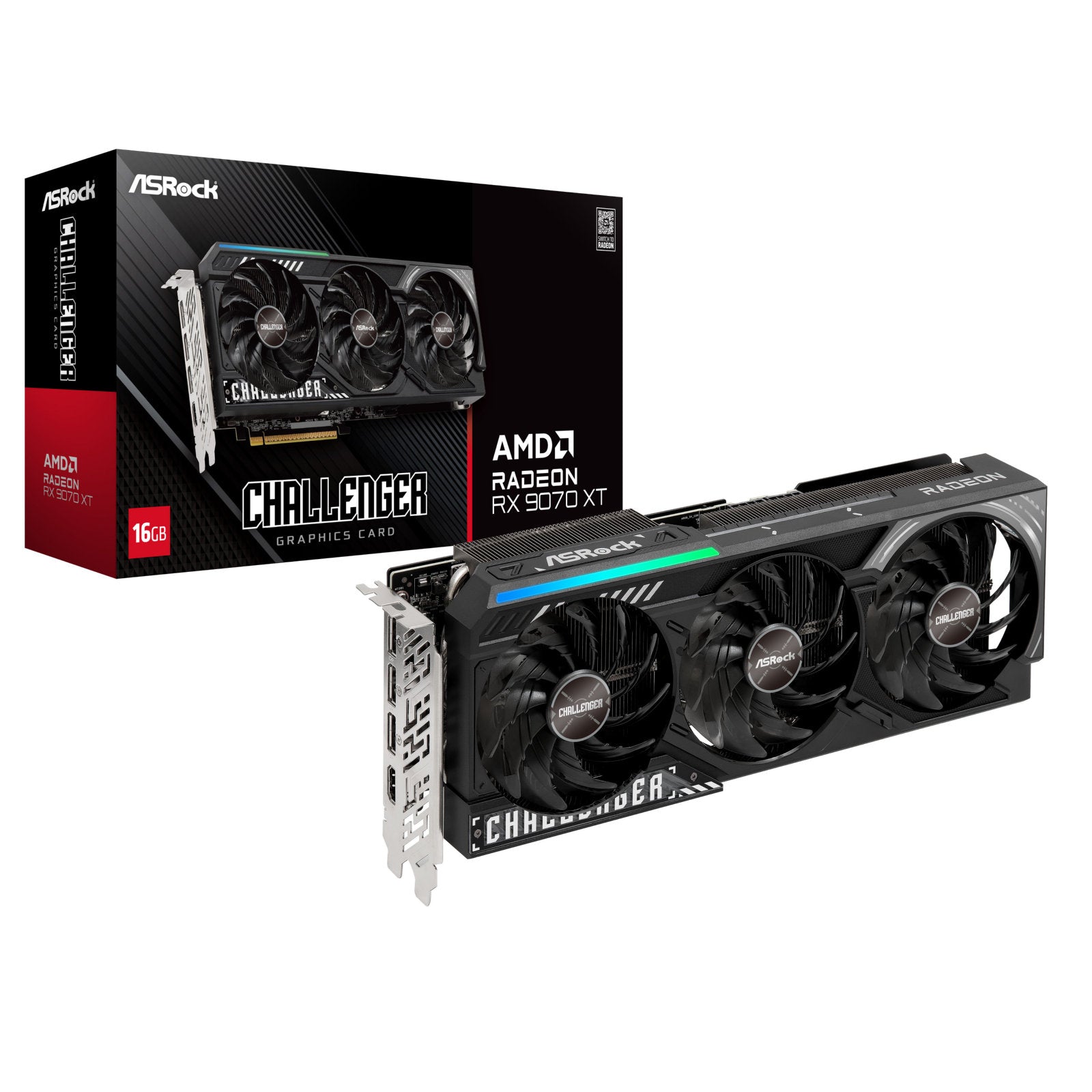 ASRock Radeon RX 9070 XT Challenger 16GB graphics card with triple-fan cooler and three DisplayPort outputs