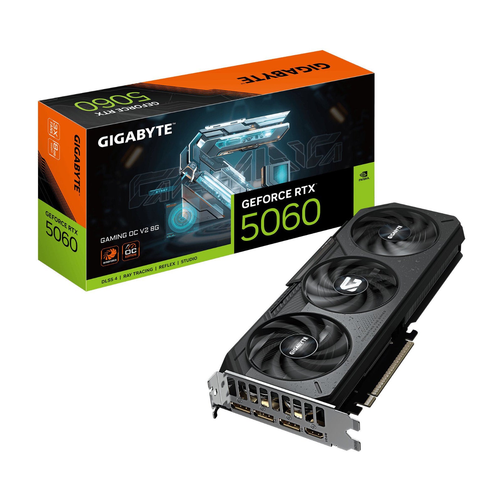 GIGABYTE NVIDIA GeForce RTX 5060 GAMING OC V2 8GB GDDR7 graphics card with triple fans, CUDA cores, display ports, and HDMI port