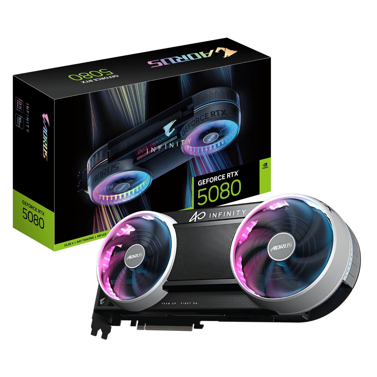 GIGABYTE NVIDIA GeForce RTX 5080 AORUS INFINITY 16GB graphics card with triple fans and RGB lighting