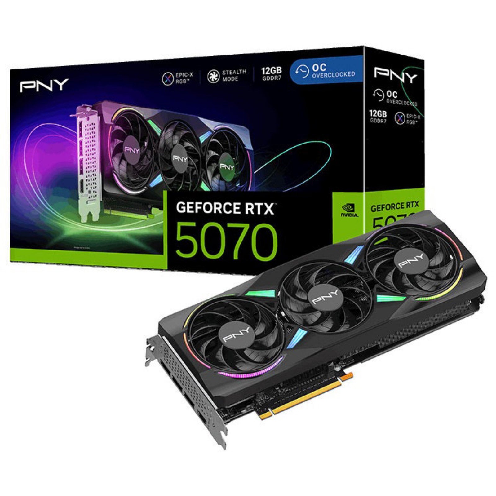 PNY NVIDIA GeForce RTX 5070 ARGB EPIC-X RGB OC graphics card with triple fans and 3 DisplayPorts, 1 HDMI port