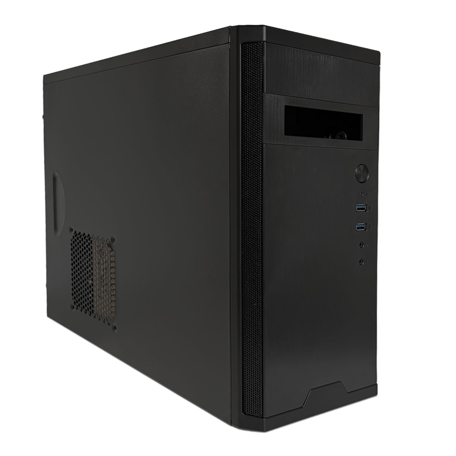 Black Fractal Design Core 1000 Micro-ATX mini tower PC case with side panel, USB 3.0 ports, compact design for gaming and office builds.