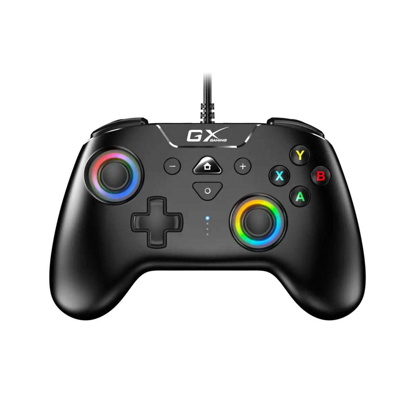 Genius GX-23UV USB RGB gamepad with vibration features, showing colorful illuminated buttons and ergonomic design for gaming.