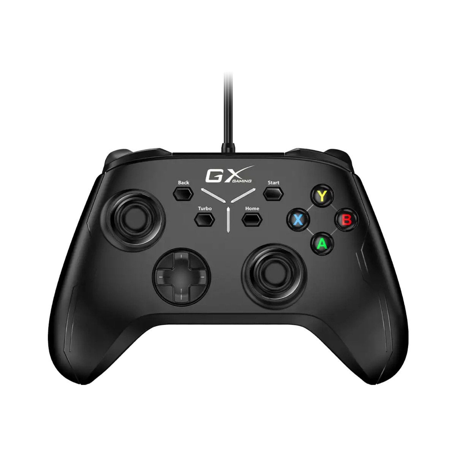 GENIUS GX-21UV USB gamepad with vibration feature, gaming accessories showing a black controller with ergonomic design and buttons.