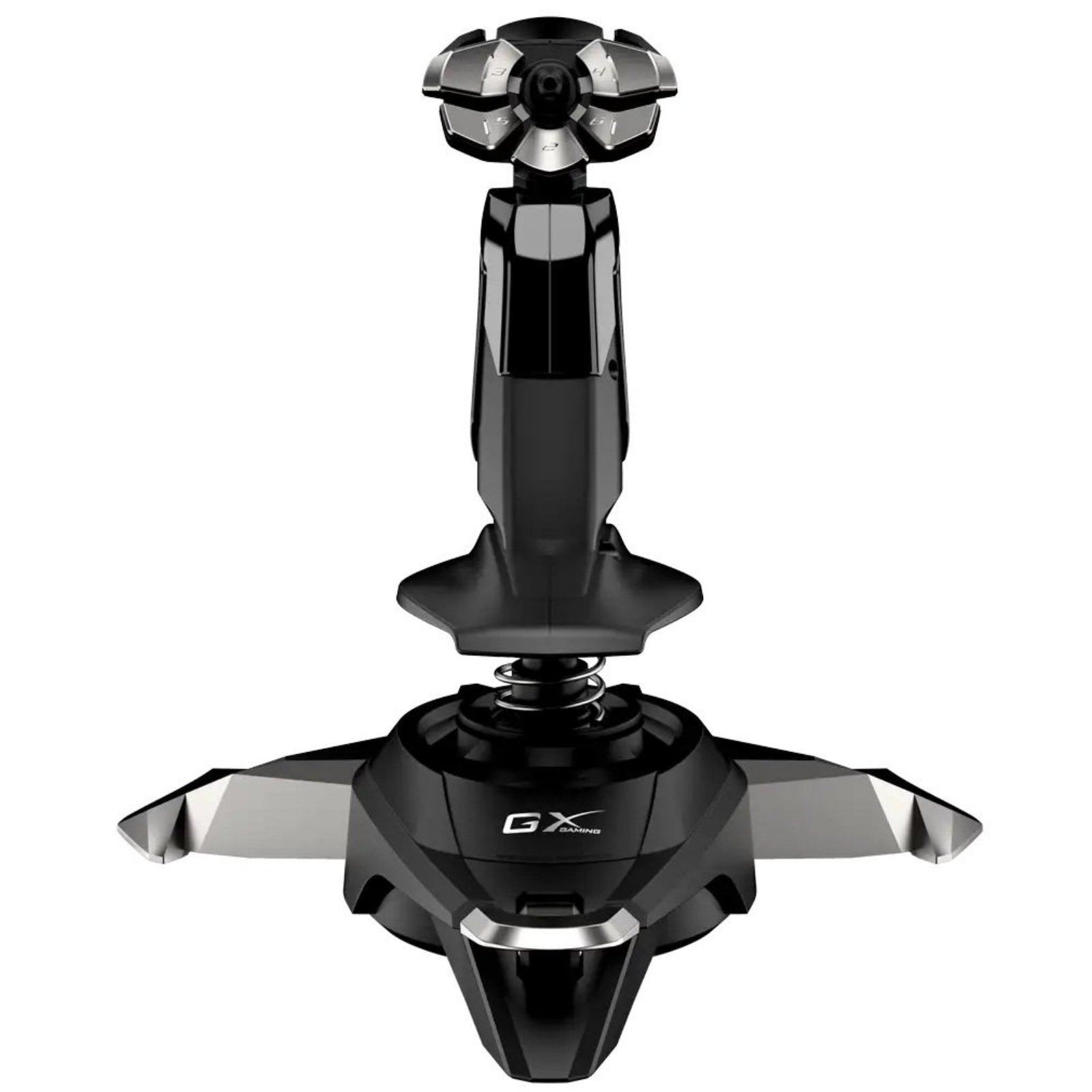 Genius MaxFire F27 USB flight joystick with 4 axes, 12 buttons, non-slip grip, compatible with PC flight simulators.