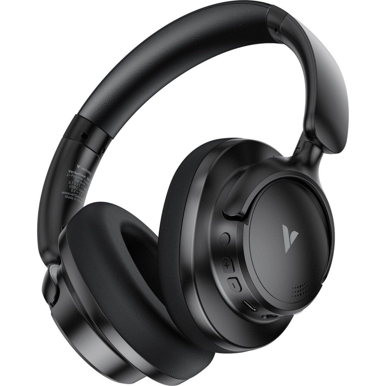 Verbatim TruSound Pro Bluetooth ANC headset in black with cushioned ear cups, detachable audio cable, and wireless controls.