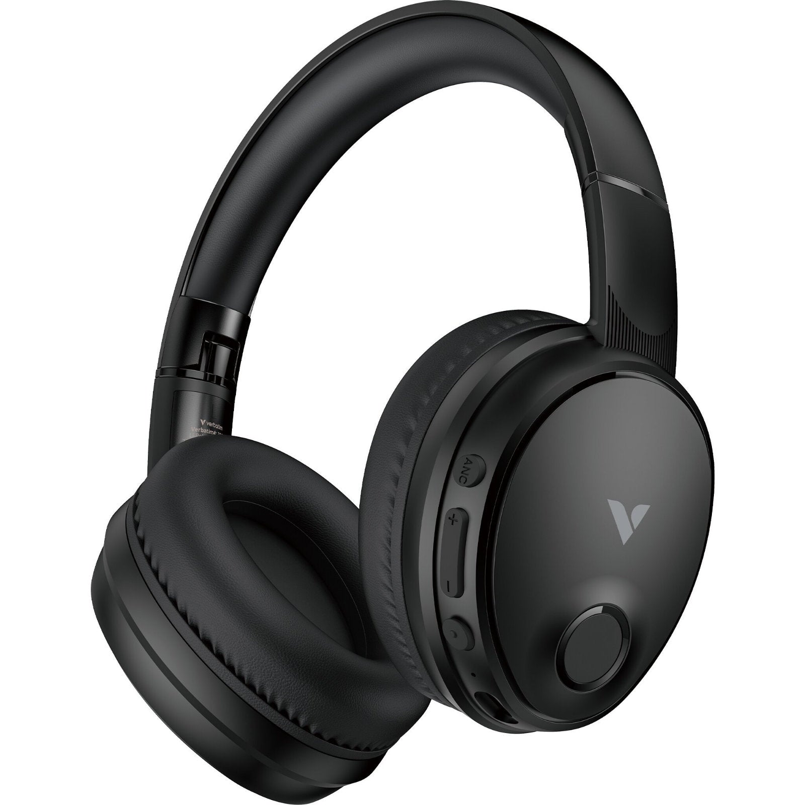 Verbatim TruSound Bluetooth ANC wireless headphones in black with active noise cancelling and detachable 3.5mm audio cable.