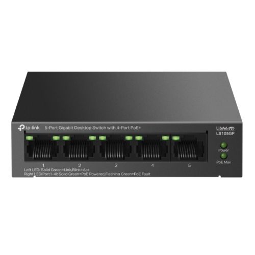 TP-LINK (LS105GP) 5-Port Gigabit Desktop LiteWave Switch with 4-Port PoE+, Metal Casing