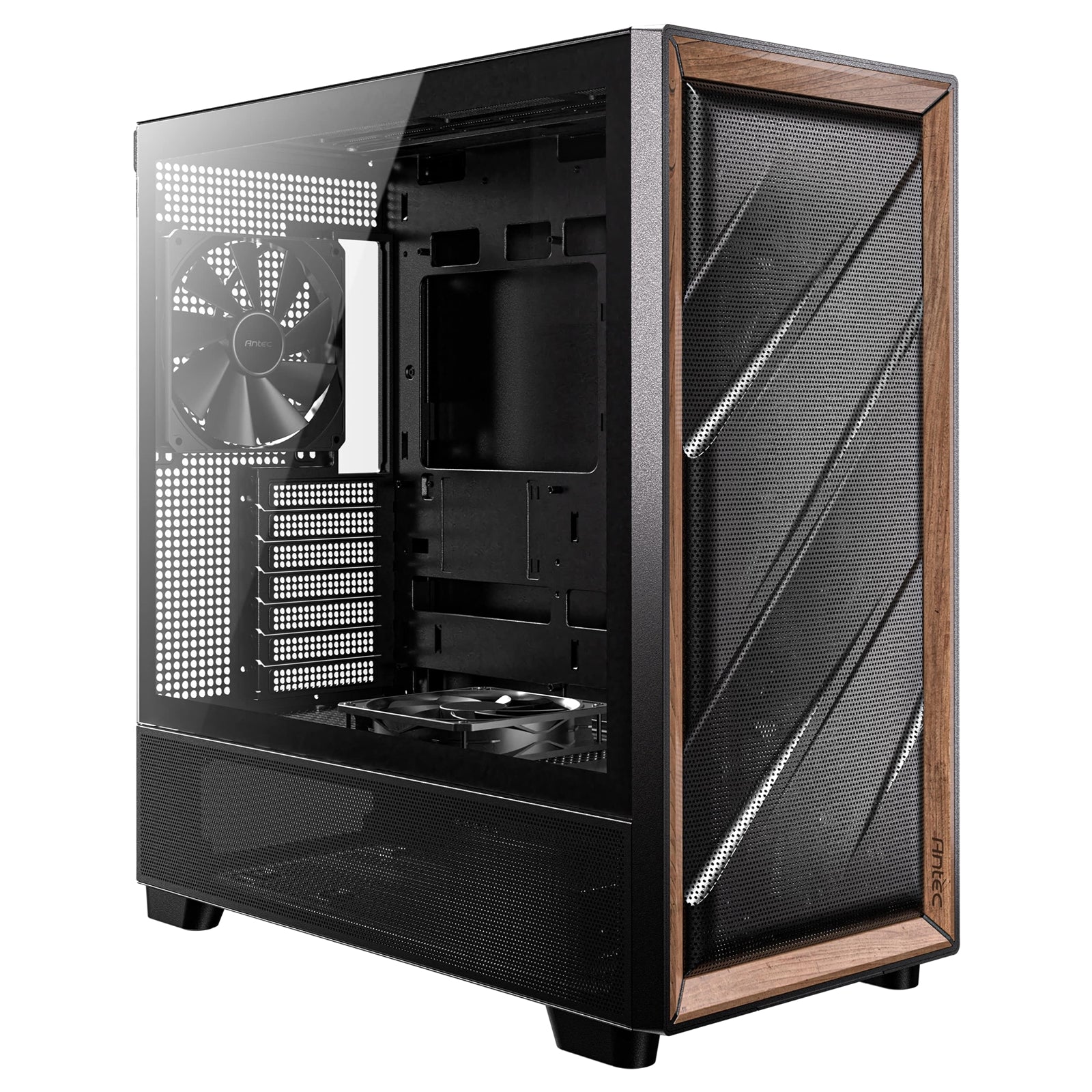 Antec FLUX Mid Tower PC Case - Tempered Glass, Black/Wood, 5 PWM Fans, USB-C, E-ATX/ATX/mATX/ITX Compatibility - North East Peripherals Ltd