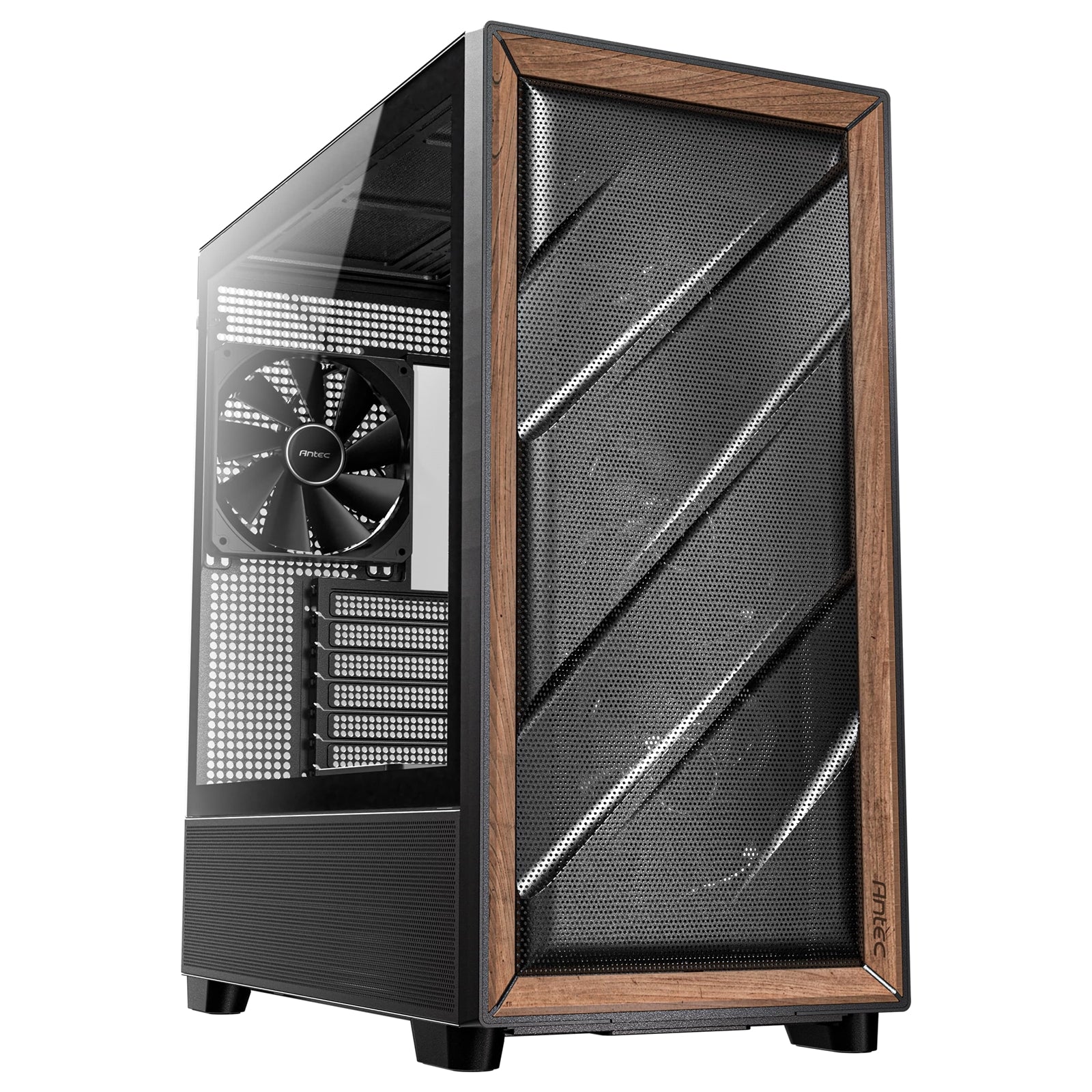 Antec FLUX Mid Tower PC Case - Tempered Glass, Black/Wood, 5 PWM Fans, USB-C, E-ATX/ATX/mATX/ITX Compatibility - North East Peripherals Ltd