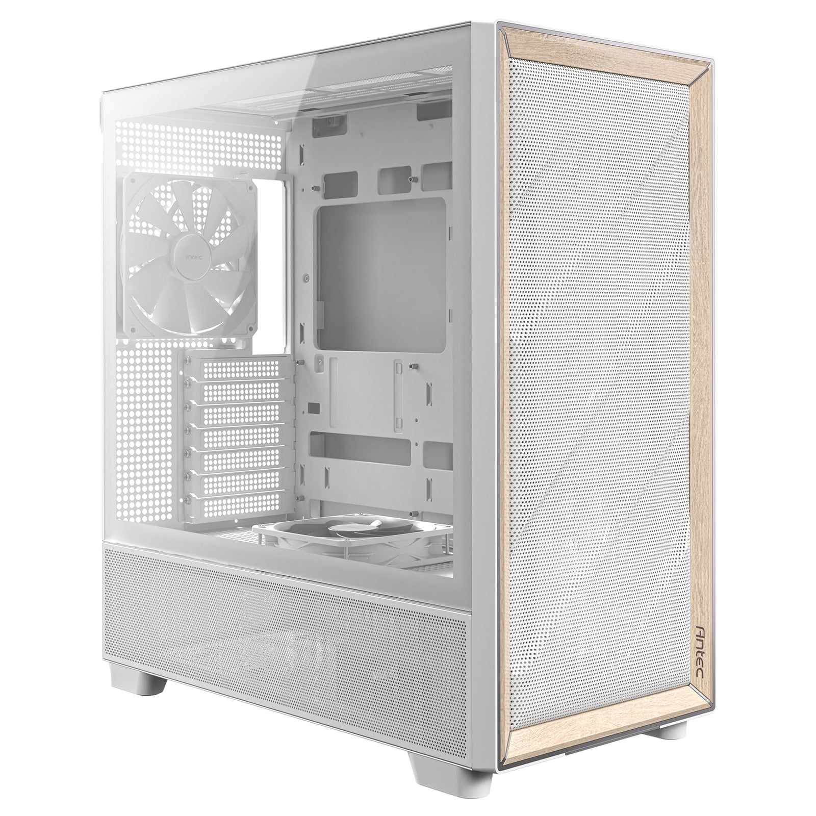 Antec FLUX Mid Tower PC Case - Tempered Glass, White/Wood, 5 PWM Fans, USB-C, E-ATX/ATX/mATX/ITX Compatibility - North East Peripherals Ltd