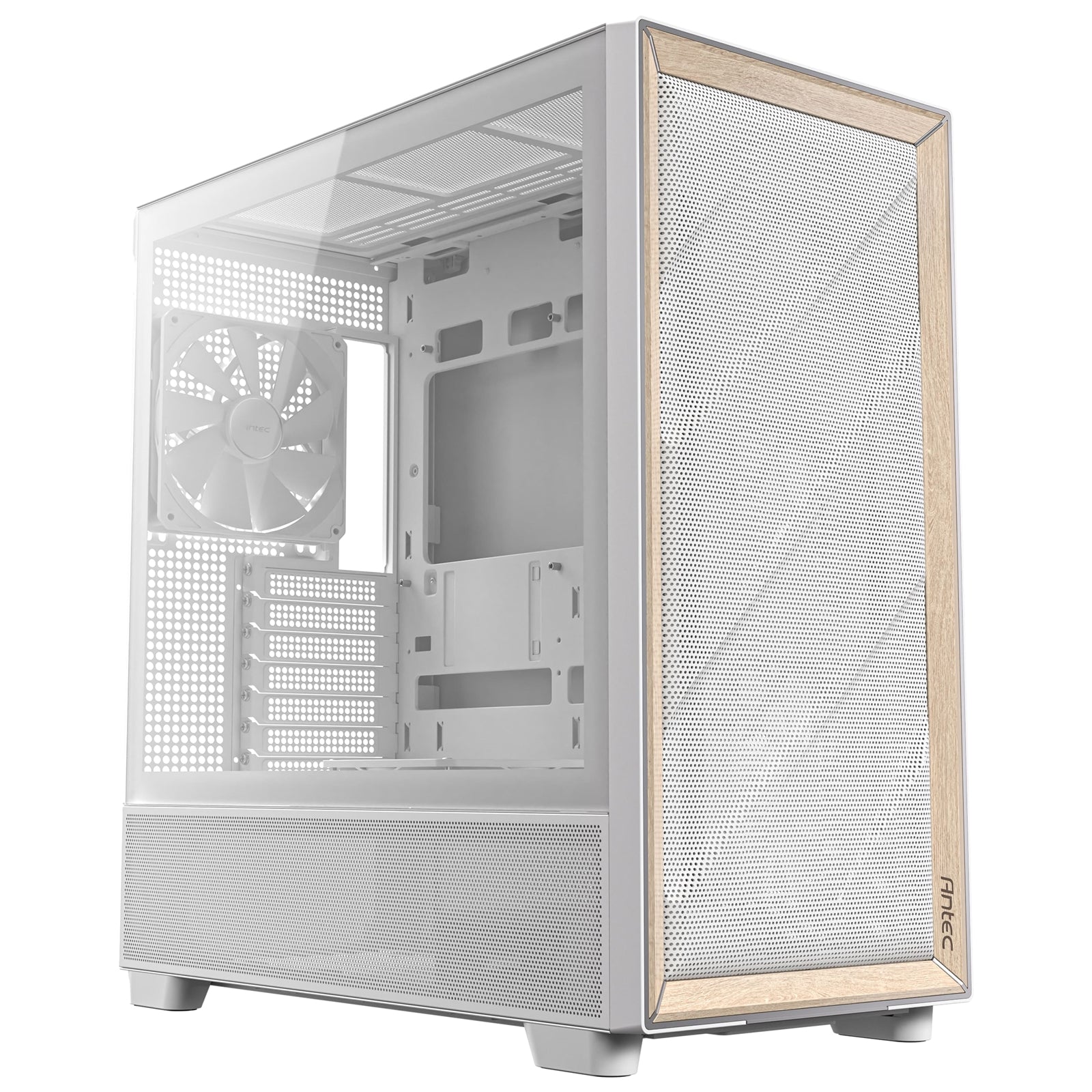 Antec FLUX Mid Tower PC Case - Tempered Glass, White/Wood, 5 PWM Fans, USB-C, E-ATX/ATX/mATX/ITX Compatibility - North East Peripherals Ltd
