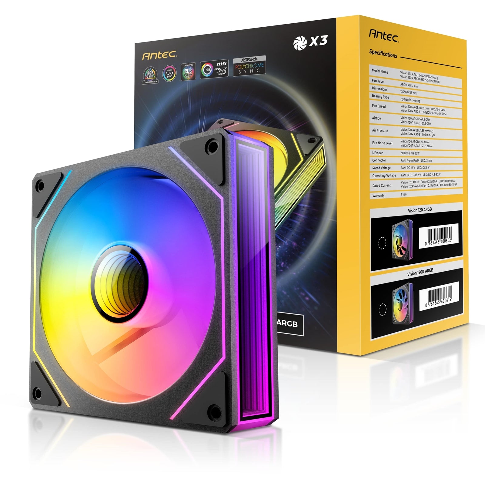 Antec Vision 120mm ARGB - 3 PK, Black, Up to 1800RPM, 44.5CFM Airflow, 29dB Max, 4-pin ARGB 3-pin