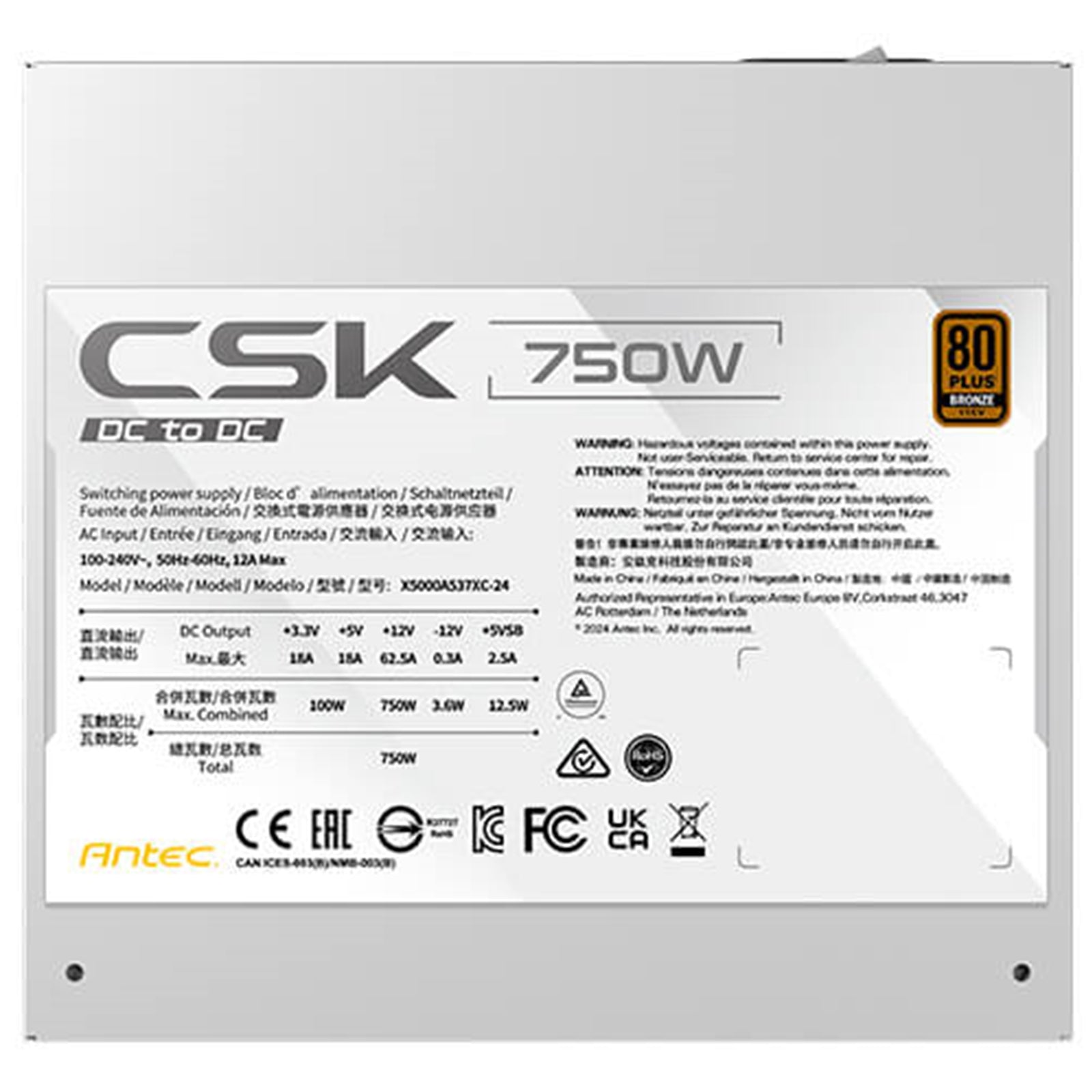 Antec CSK DC 750W White PSU, 80+ Bronze, Fully Wired, Antec's 5-year warranty