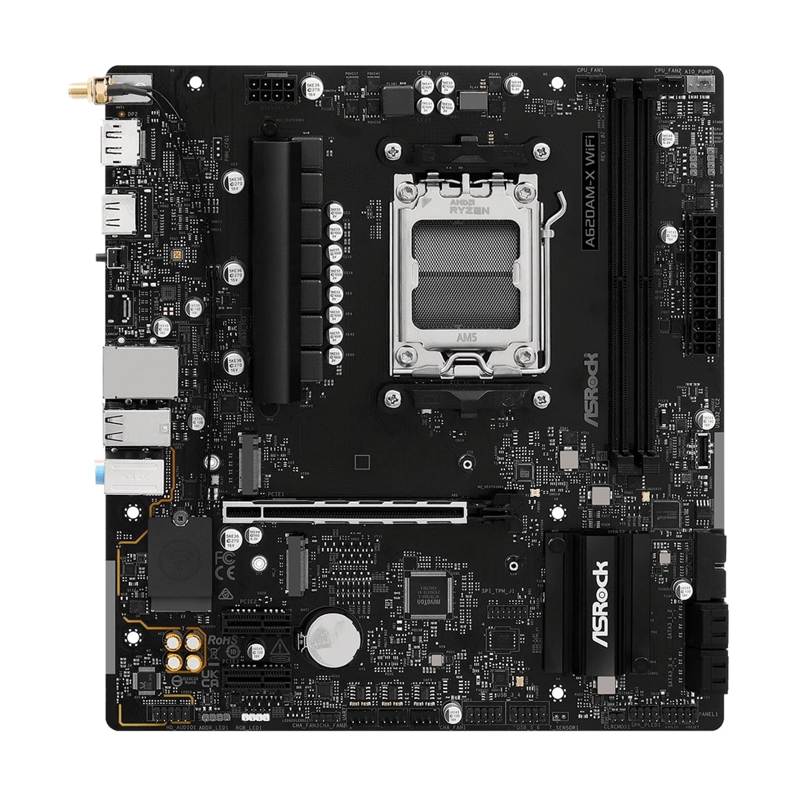 ASRock A620AM-X WIFI AMD Socket AM5 Motherboard, 2 x DDR5 DIMM Slots, 1 x M.2 Socket (Key E), 2 x USB 3.2 Type-C, 2.5G LAN, 802.11ac Wi-Fi Module, 1 x HDMI Port/ 1 x Display Port