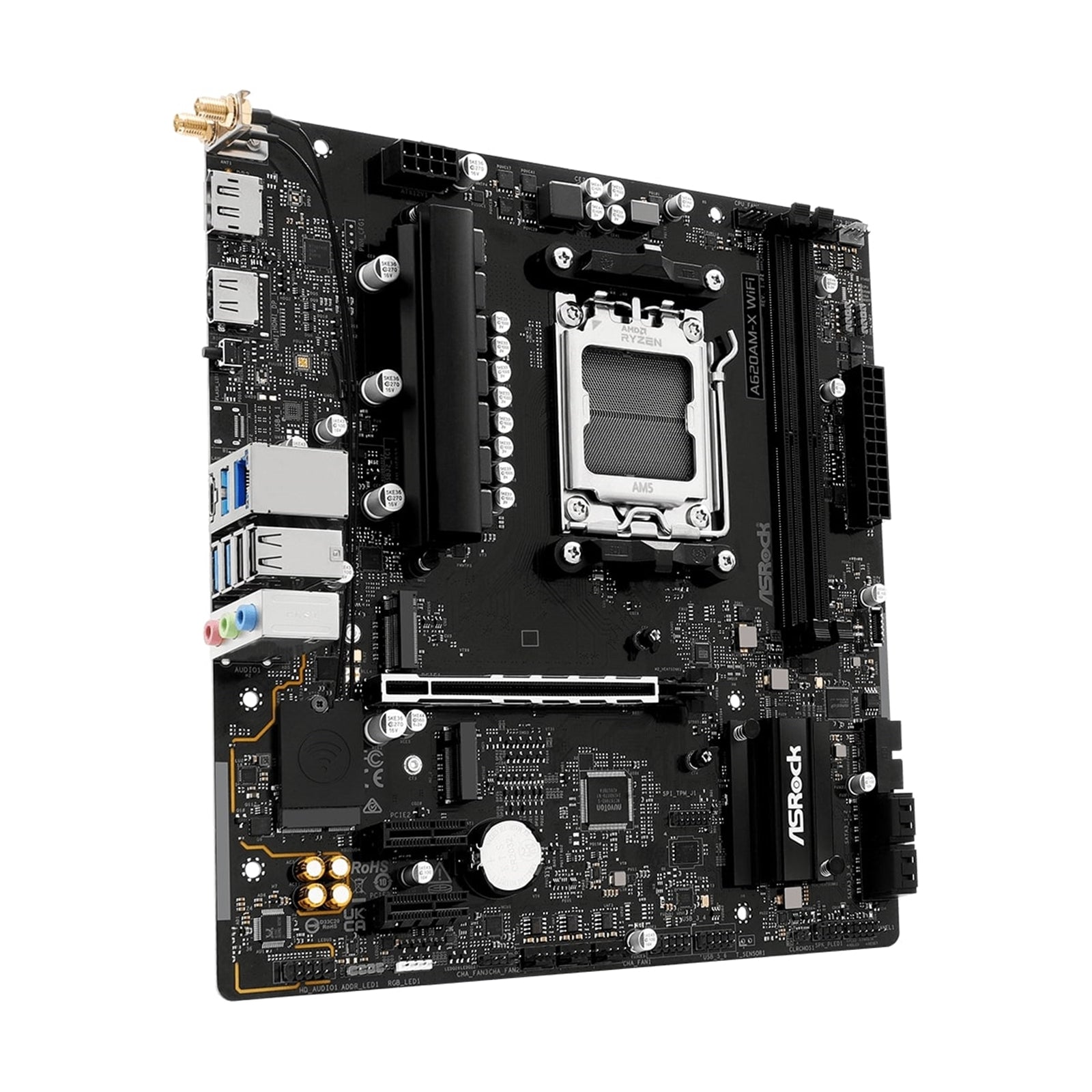 ASRock A620AM-X WIFI AMD Socket AM5 Motherboard, 2 x DDR5 DIMM Slots, 1 x M.2 Socket (Key E), 2 x USB 3.2 Type-C, 2.5G LAN, 802.11ac Wi-Fi Module, 1 x HDMI Port/ 1 x Display Port