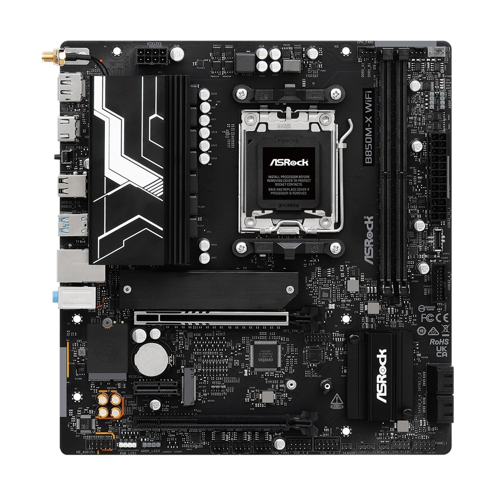 ASRock B850M-X WiFi AMD AM5 Socket Motherboard, Micro-ATX, 2x DDR5 Slots, 2x M.2 Sockets, 1x USB-C Port, 2.5GbE LAN, Wi-Fi 6E, 1x DisplayPort / 1x HDMI Port