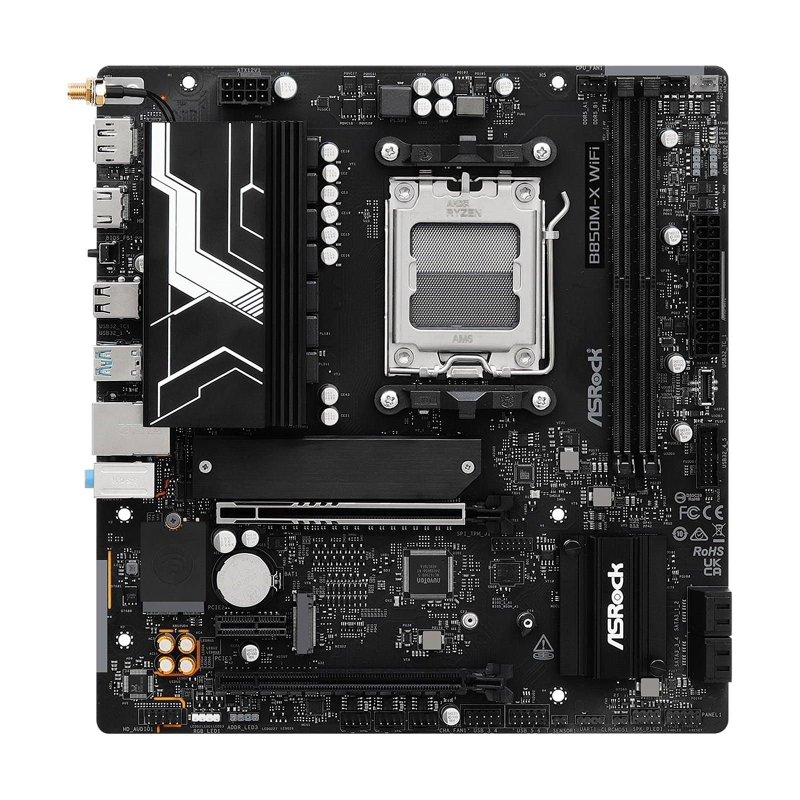 ASRock B850M-X WiFi AMD AM5 Socket Motherboard, Micro-ATX, 2x DDR5 Slots, 2x M.2 Sockets, 1x USB-C Port, 2.5GbE LAN, Wi-Fi 6E, 1x DisplayPort / 1x HDMI Port