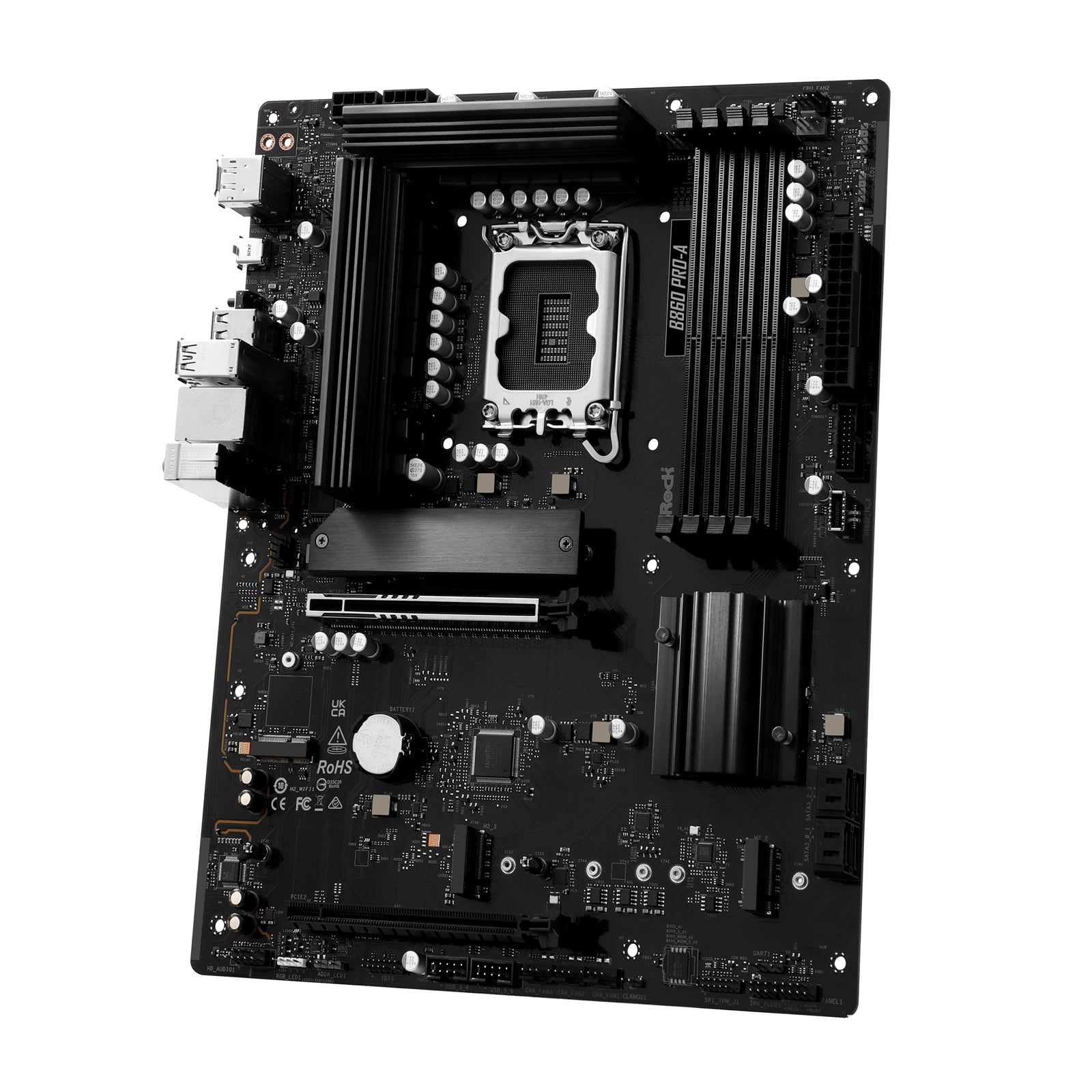 ASRock B860 PRO-A motherboard with ATX form factor, 4 DDR5 slots, HDMI, DisplayPort, 2.5G LAN, and three M.2 slots.