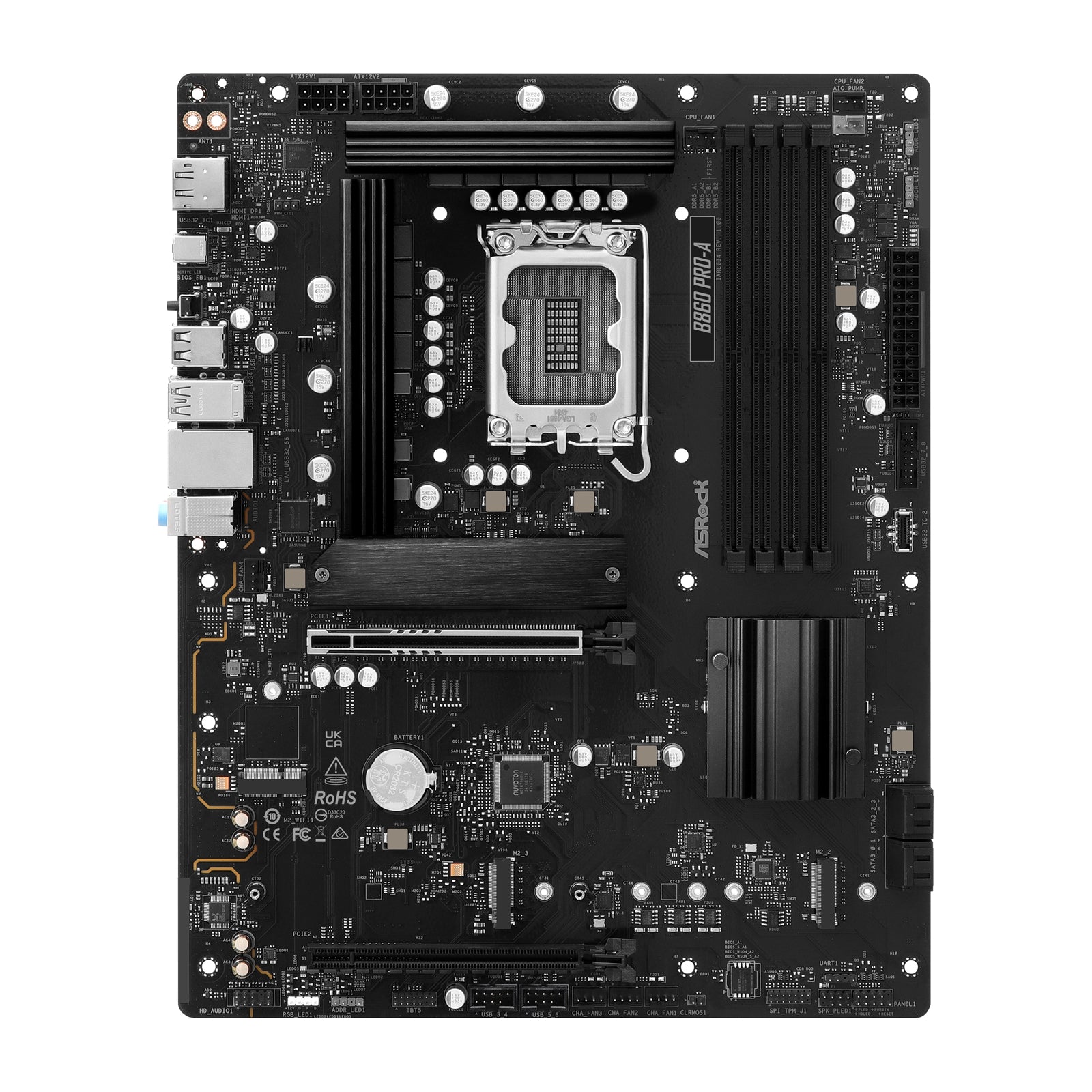 ASROCK B860 PRO-A motherboard with Intel B860 chipset, ATX size, 4 DDR5 slots, HDMI, DisplayPort, 2.5G LAN, and three M.2 slots.