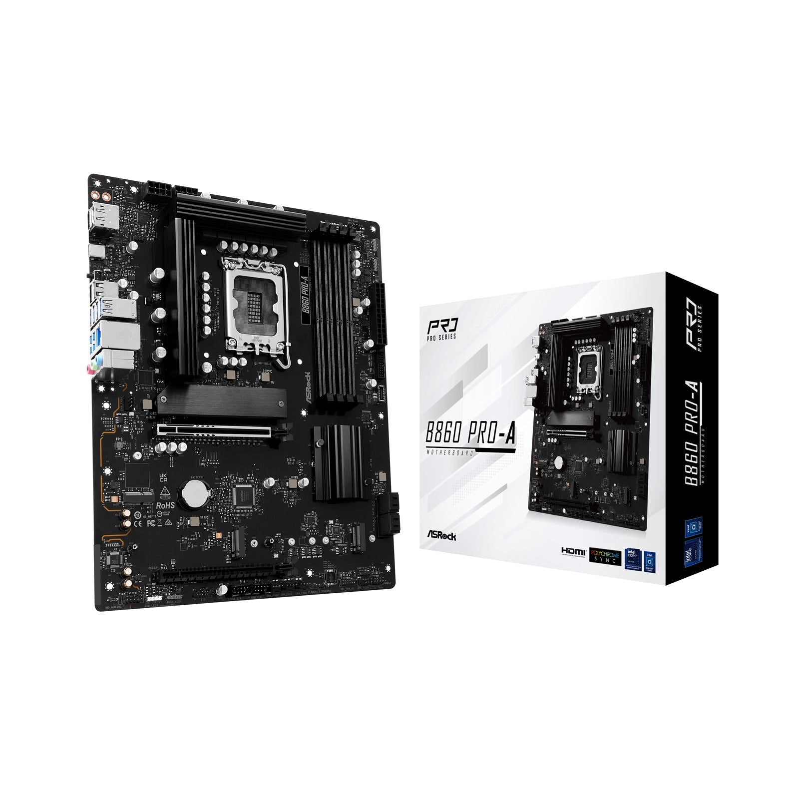 ASROCK B860 PRO-A motherboard with Intel B860 chipset, ATX form, 4 DDR5 slots, HDMI, DisplayPort, 2.5G LAN, and 3 M.2 slots.