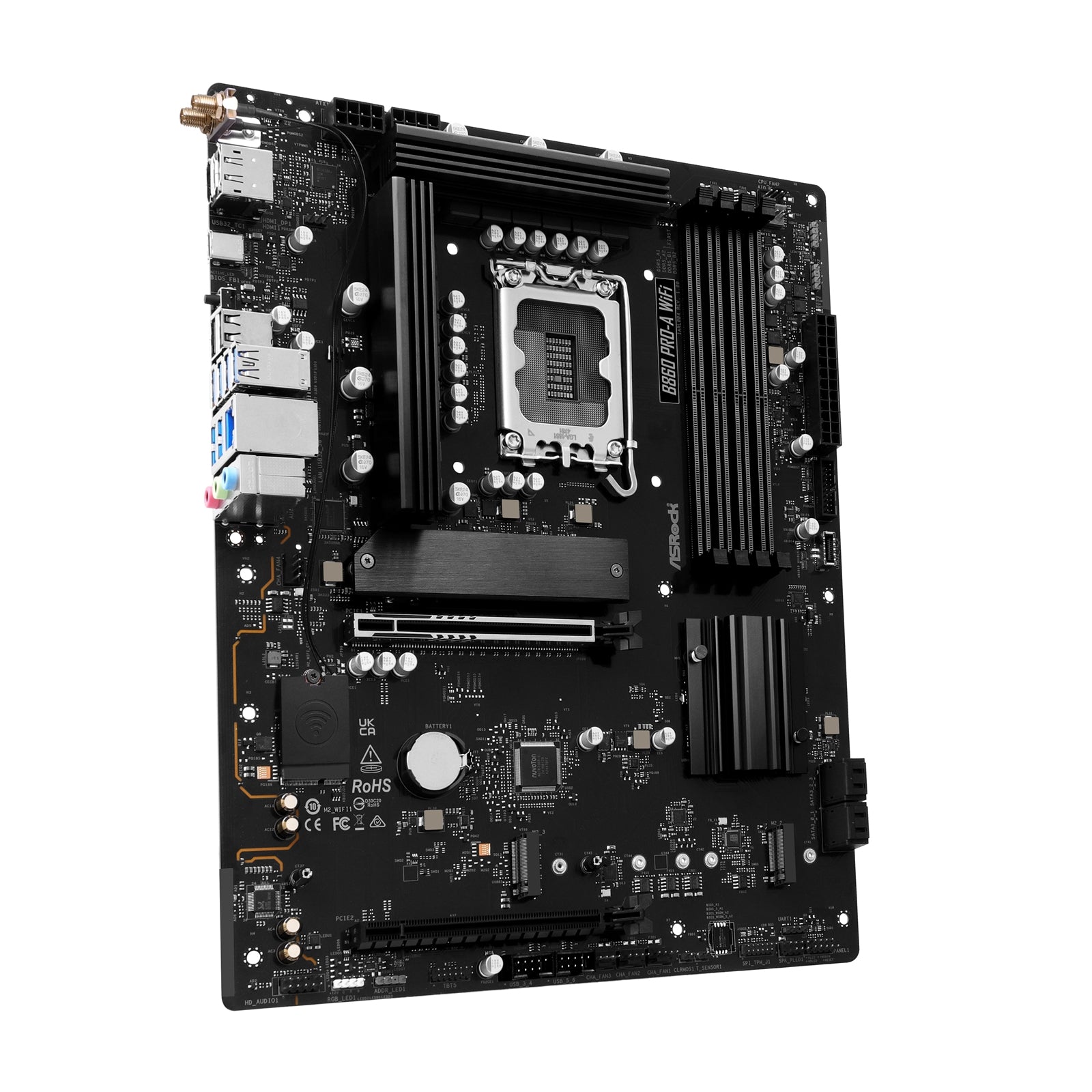 ASROCK B860 PRO-A WIFI motherboard with Intel B860 chipset, ATX size, 4 DDR5 slots, HDMI, DisplayPort, Wi-Fi 6E, 2.5G LAN, 3 M.2 slots